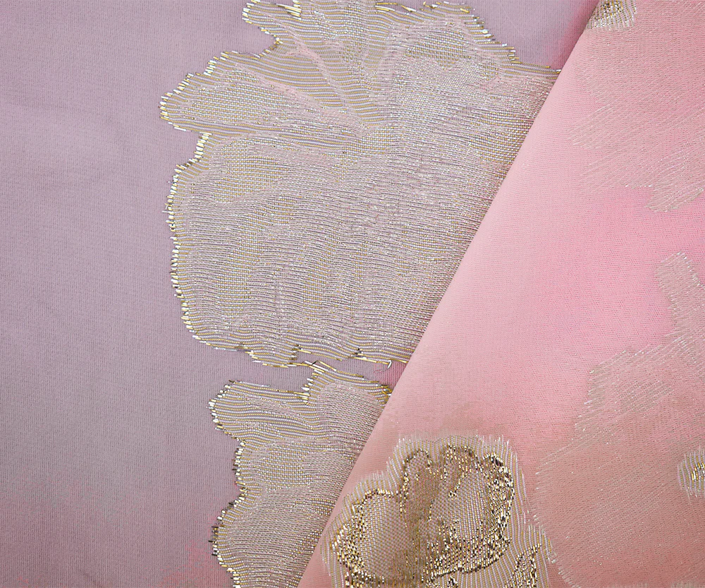 Light Pink-Gold-Silver Nylon Metallic Floral Organza Woven Fabric - Image 3