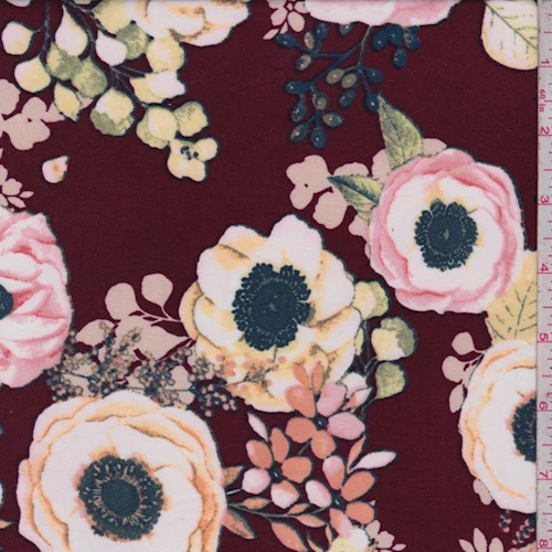 Maroon Multi Floral Bloom Brushed Jersey Knit Fabric