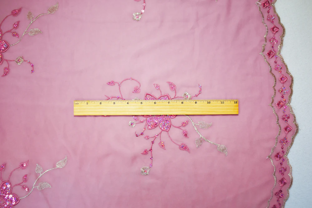 Mauve Pink-Silver Polyester Embroidered Floral Sequin Scallop Chiffon Woven Fabric - Image 5