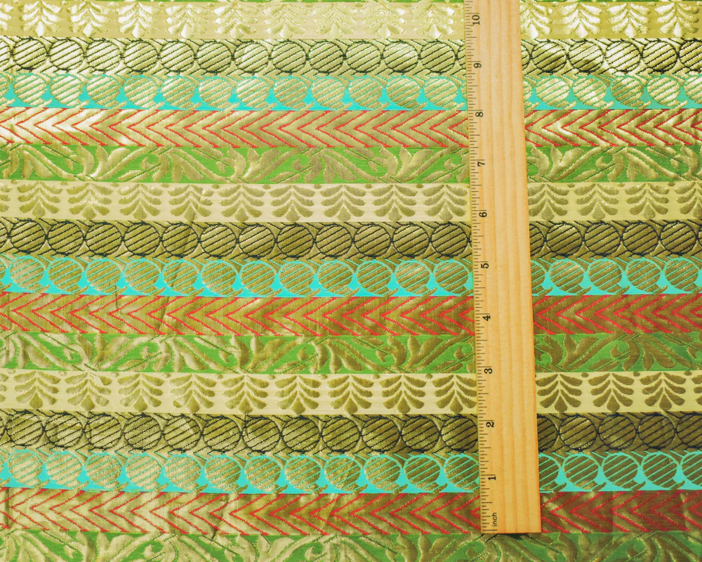 Metallic Gold-Red-Multi Stripe Pillar Jacquard Brocade Woven Fabric - Image 4