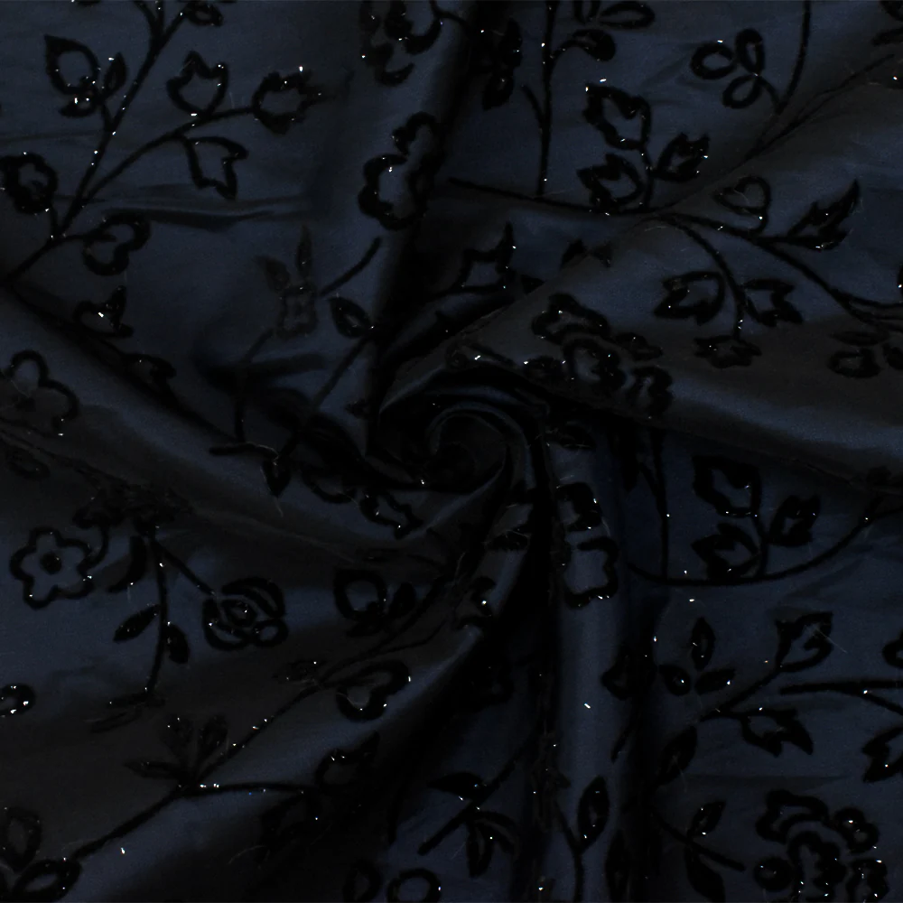 Midnight Blue-Black-Silver Floral Velvet Flock Printed Taffeta Woven Fabric - Image 2