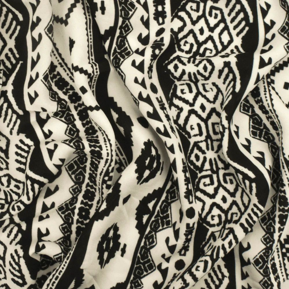 Milk Ivory-Black Aztec Printed Polyester Georgette Woven Fabric - Image 3