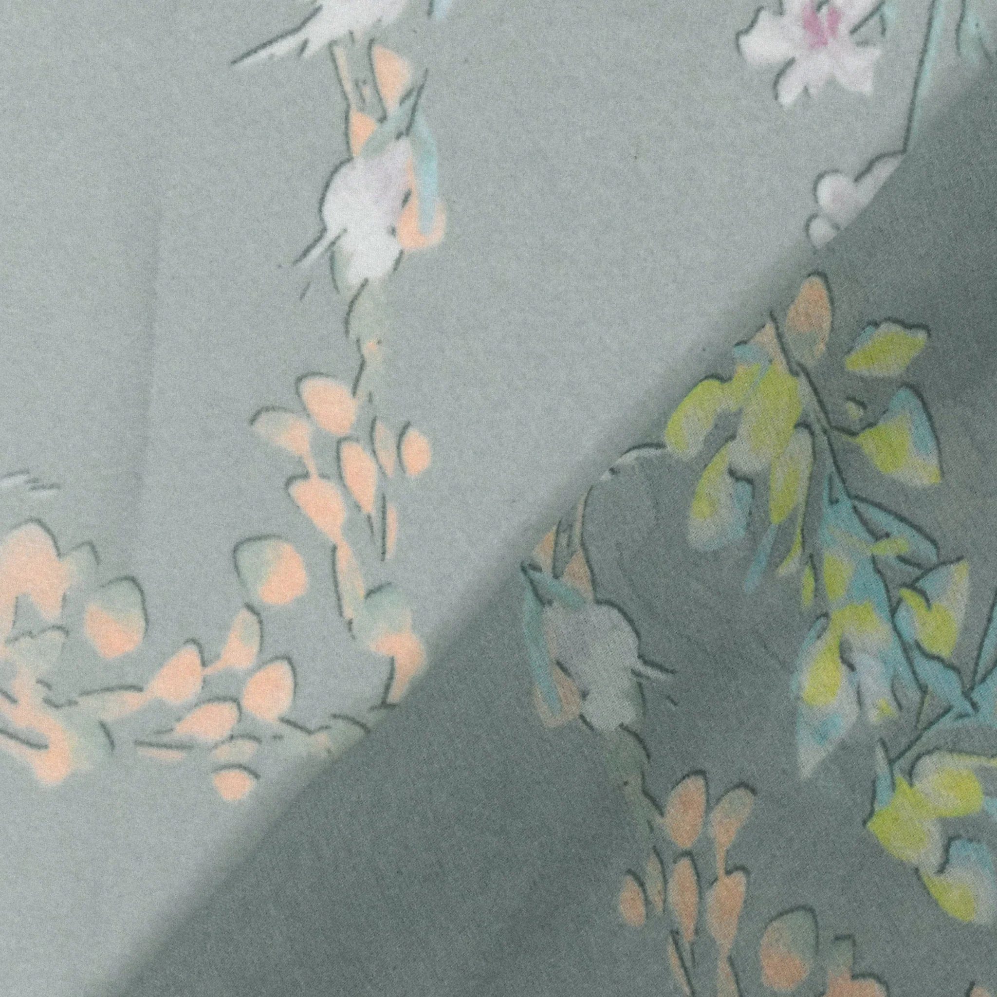 Mist Teal-Orange-Multi Floral Frame Border Printed Silk Chiffon Fabric - Image 4