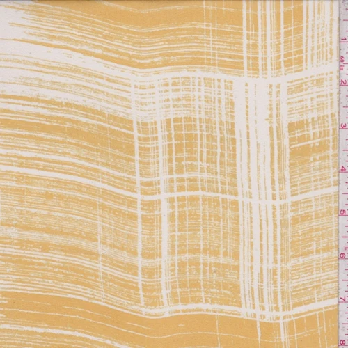 Mustard Gold/Off White Brush Stroke Plaid Silk Chiffon Fabric
