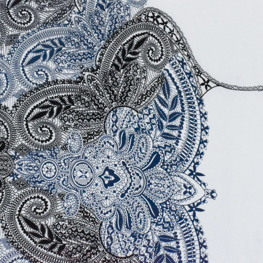 Navy Blue-White-Black Lace Border Printed Stretch Poly Jersey Knit Fabric - Image 3