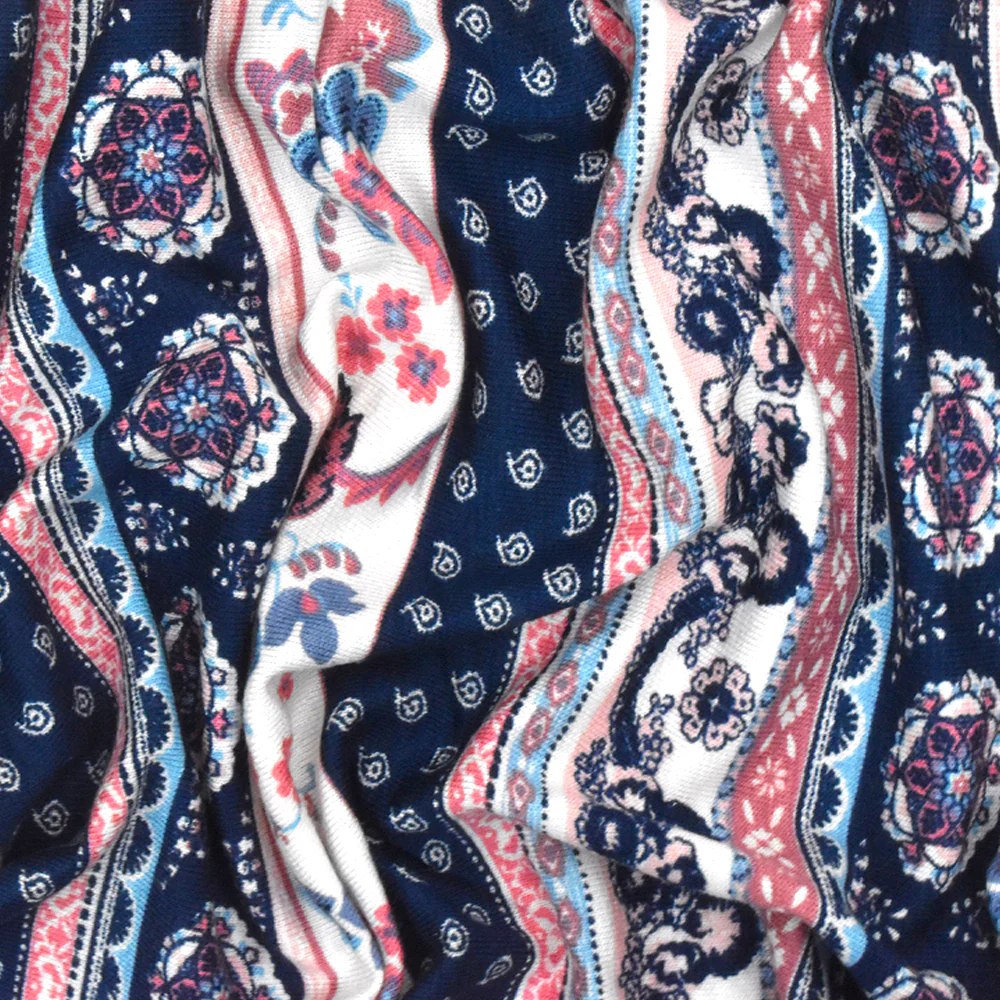 Navy Blue-White-Multi Moroccan Stripe Printed Rayon Stretch Jersey Knit Fabric - Image 3