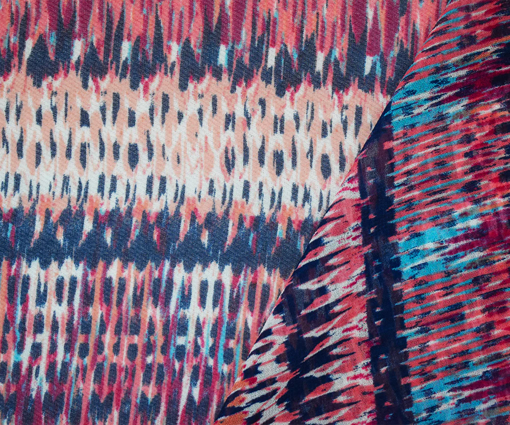 Navy-Coral-Multi Poly Aztec Ikat Printed Chiffon Woven Fabric - Image 3