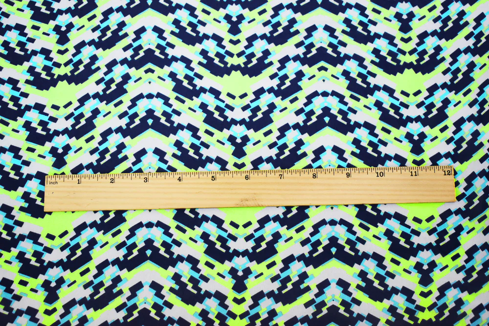 Navy-Lime Green-Multi Pixel Printed Poly Chiffon Woven Fabric - Image 4