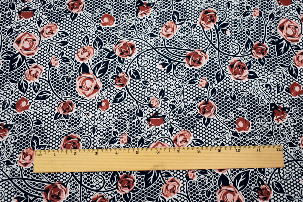 Navy-Peach-Orange Floral Mesh Pattern Printed Linen Woven Fabric - Image 5