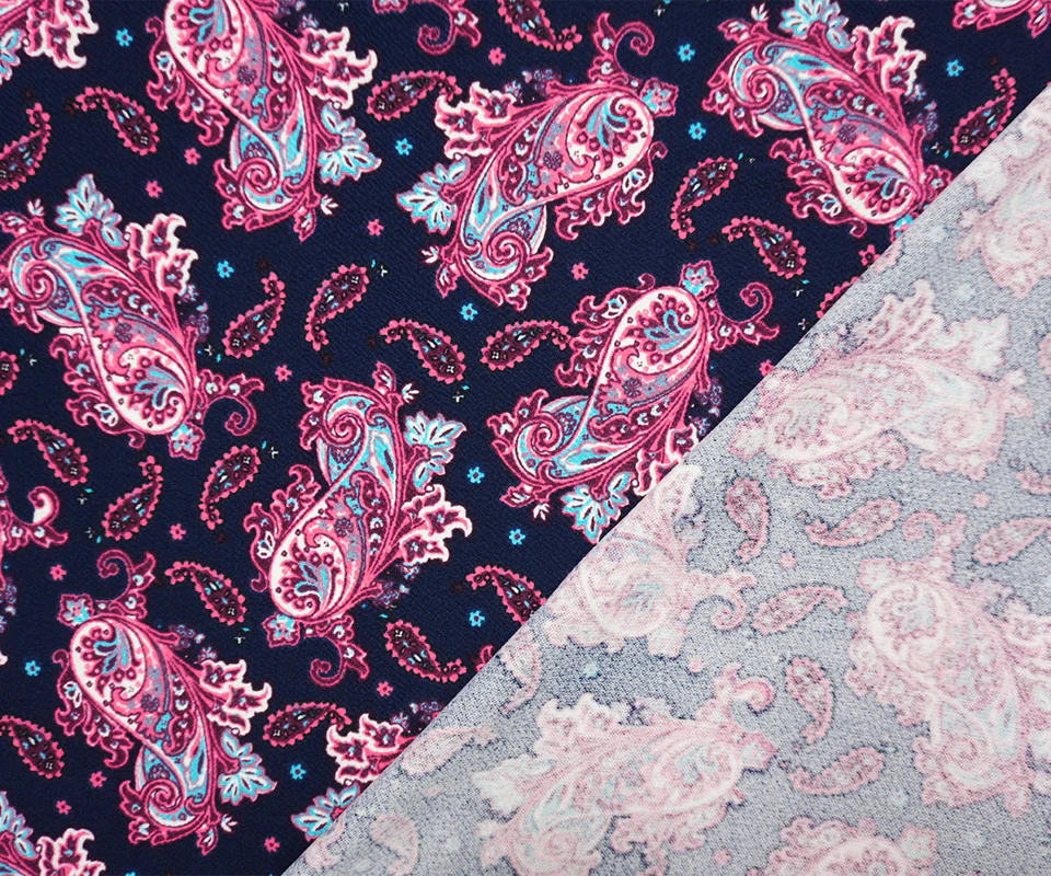 Navy-Pink-Multi Poly Paisley Print Liverpool Double Knit Fabric - Image 2