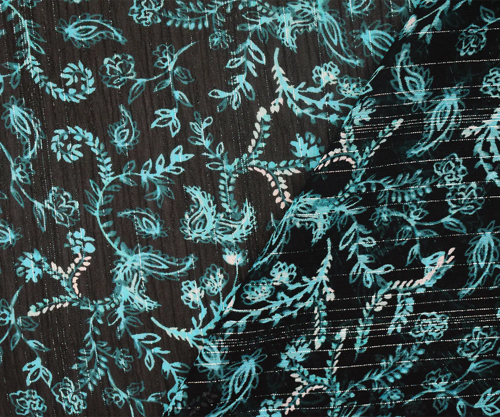Navy-Silver-Multi Vine Printed Poly Yoryu Metallic Stripe Chiffon Fabric - Image 2