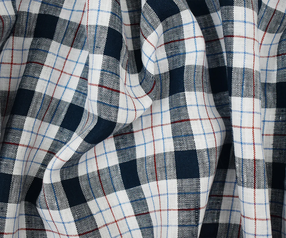 Navy-White-Red Moygashel Washed Plaid Irish Linen Woven Fabric - Image 3