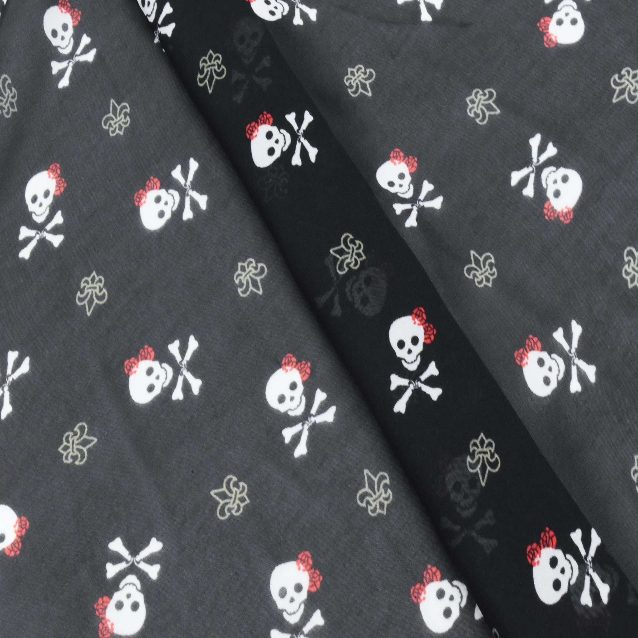 Night Black-White-Multi Skull Printed Polyester Chiffon Woven Fabric - Image 3