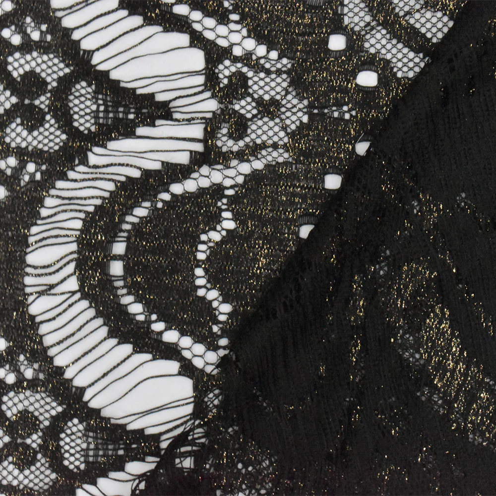Onyx Black-Gold Printed Texture Fancy Scallop Lace Knit Fabric - Image 4