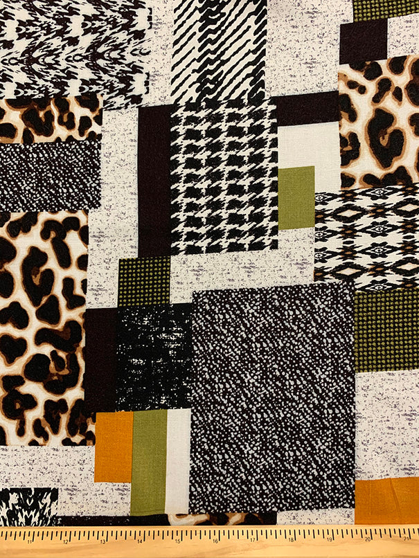 Orange and Olive Patchwork Print Rayon Challis Fabric - Image 3