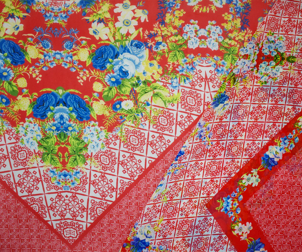 Orange-Blue-Multi Poly Floral Border Printed Chiffon Woven Fabric - Image 2