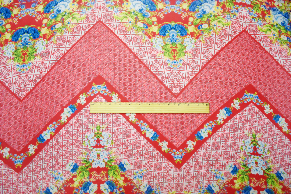 Orange-Blue-Multi Poly Floral Border Printed Chiffon Woven Fabric - Image 4