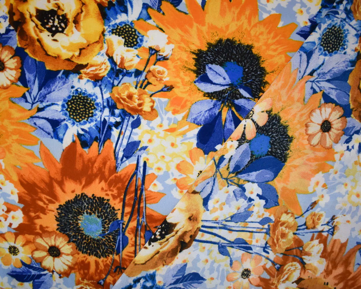 Orange-Blue-Multi Poly Floral Print Pebble Crepe Woven Fabric - Image 3
