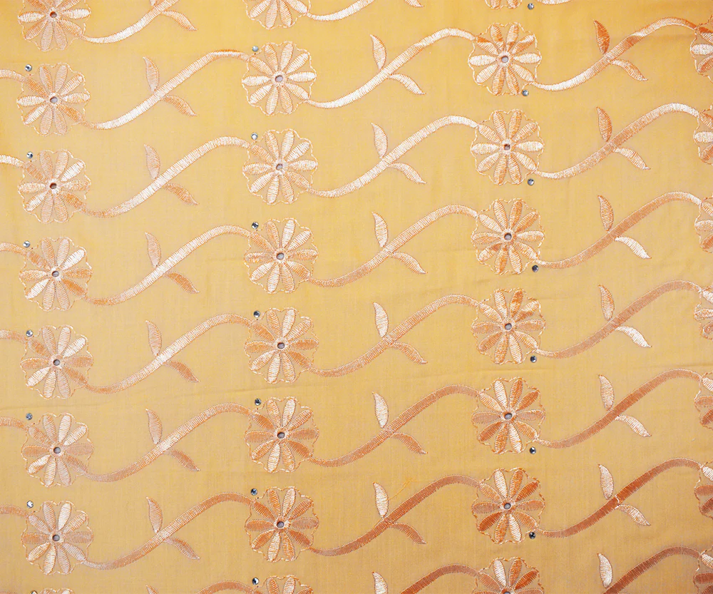 Orange Poly-Cotton Embroidered Scallop Rhinestone Woven Fabric - Image 4