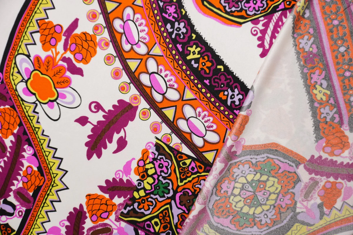 Orange Silk Abstract Medallion Printed Interlock Knit Fabric - Image 3