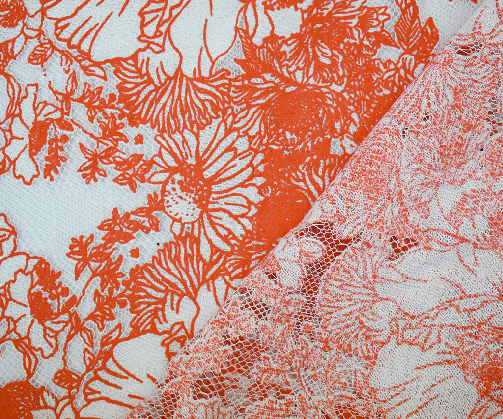 Orange-White Cotton Nylon Floral Printed Crochet Lace Mesh Knit Fabric - Image 2