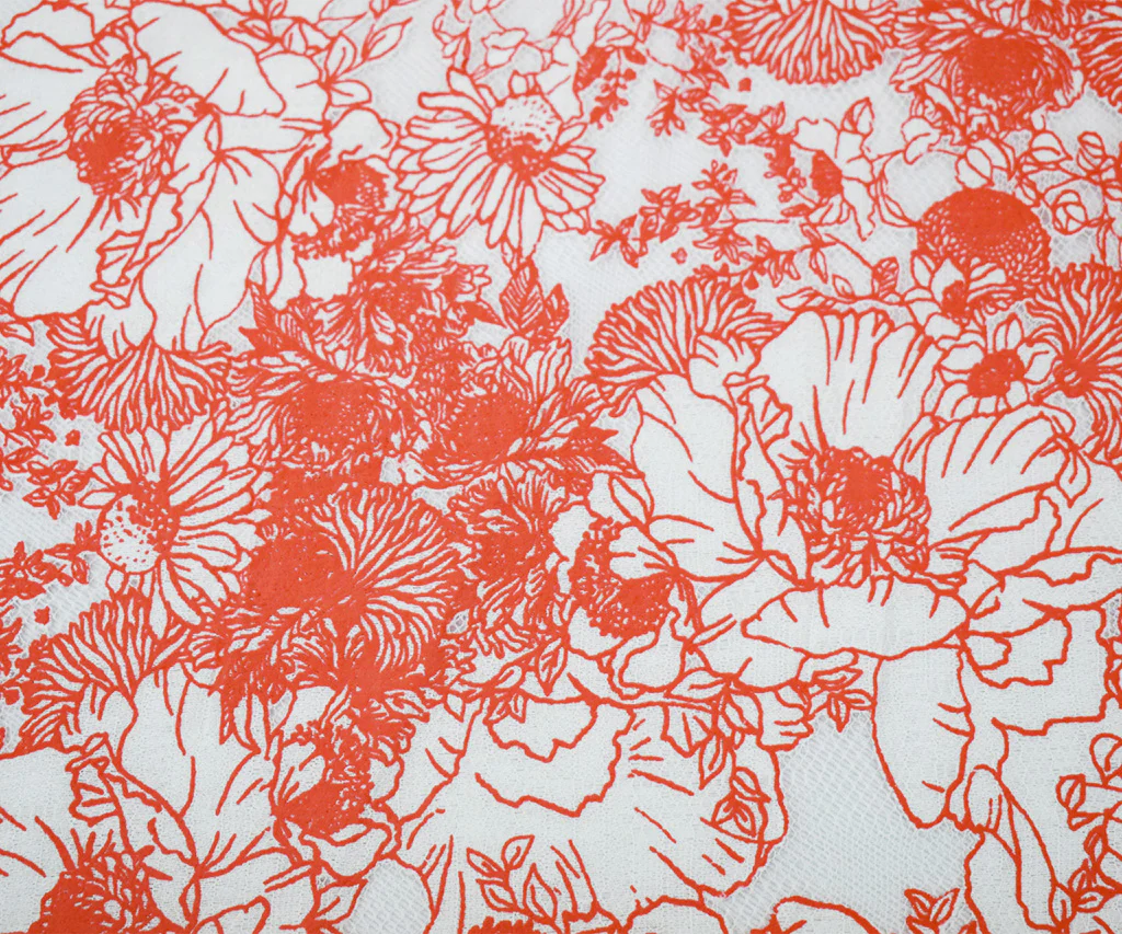 Orange-White Cotton Nylon Floral Printed Crochet Lace Mesh Knit Fabric - Image 4