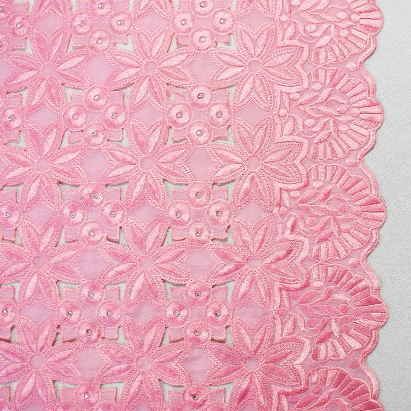 Pastel Pink Polyester Floral Circle Scalloped Rhinestone Woven Fabric