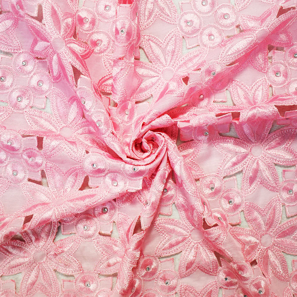 Pastel Pink Polyester Floral Circle Scalloped Rhinestone Woven Fabric - Image 3