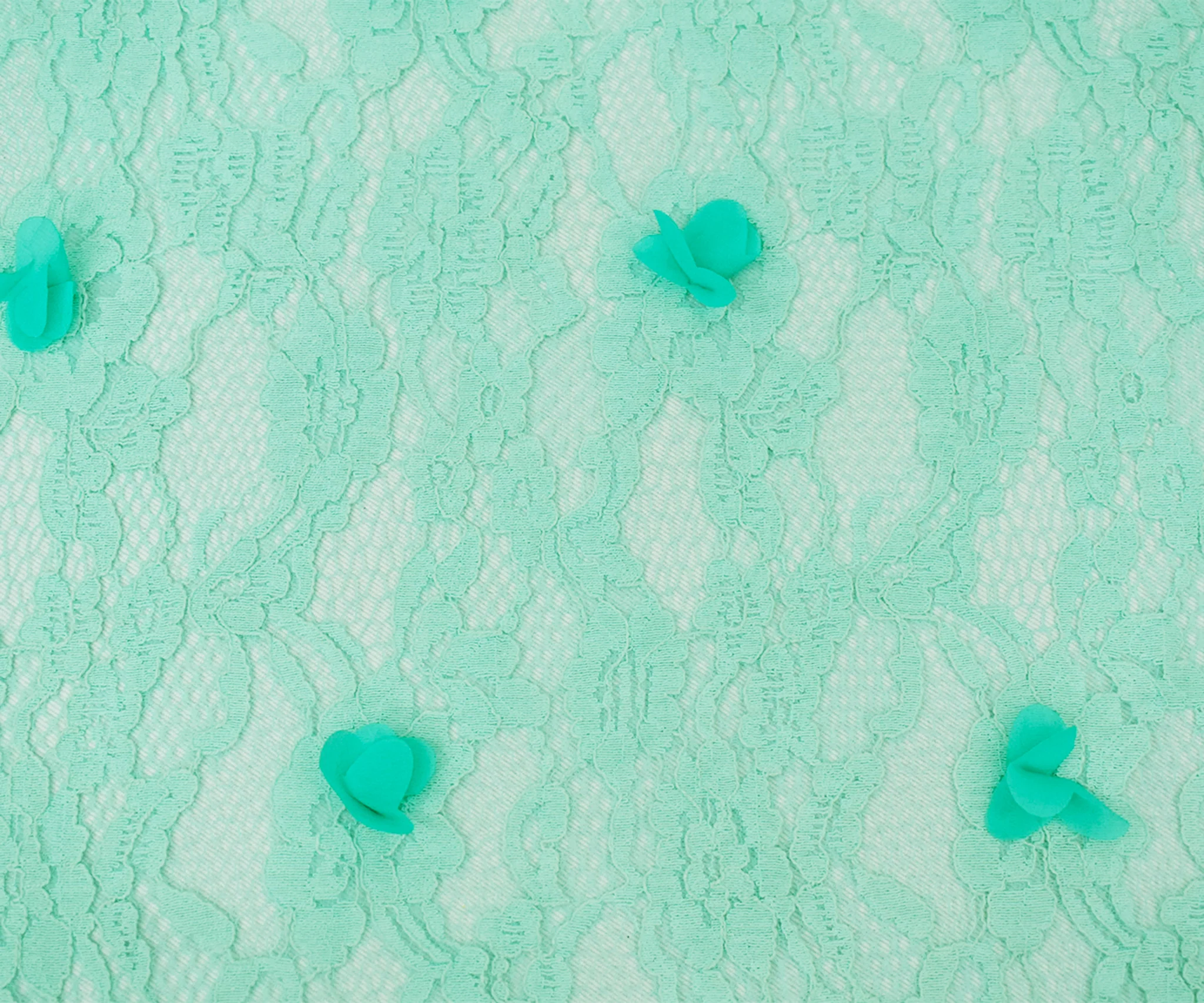 Pastel Teal Cotton-Poly Floral Applique Lace Mesh Knit Fabric - Image 3