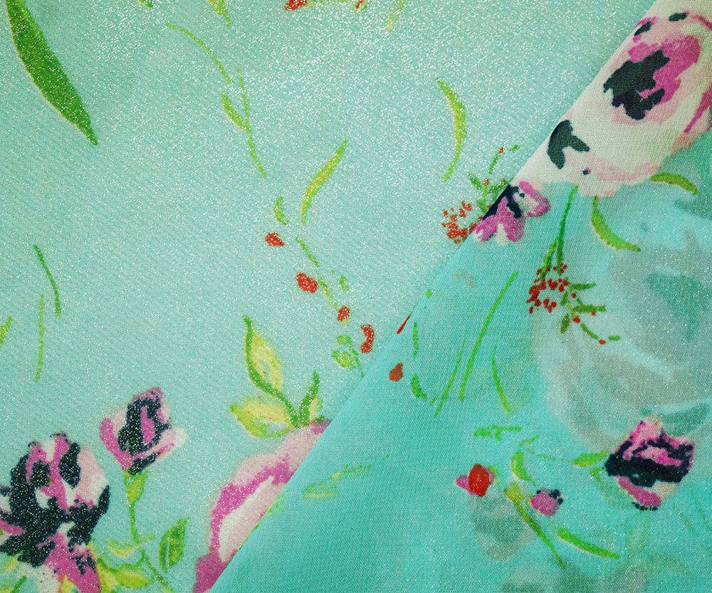 Pastel Teal-Silver Poly Floral Printed Chiffon Woven Fabric - Image 3