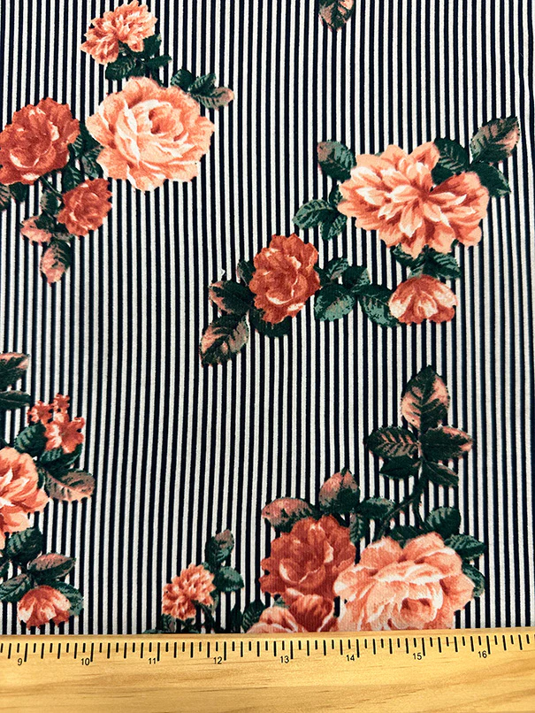 Peach Floral Black Stripe Print Double Brushed Jersey Knit Fabric - Image 2