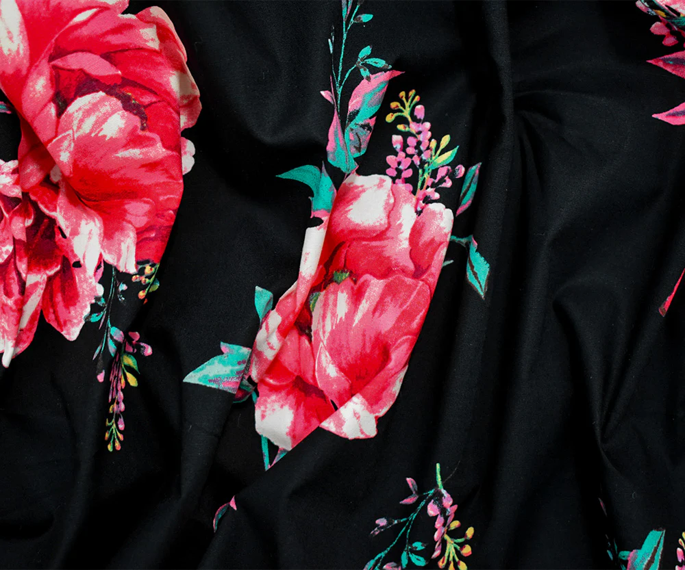 Pink-Black-Multi Cotton Floral Print Stretch Spandex Poplin Woven Fabric - Image 4