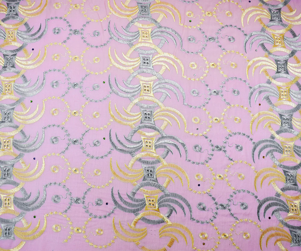 Pink-Multi Poly Embroidered Abstract Scallop Rhinestone Woven Fabric - Image 4