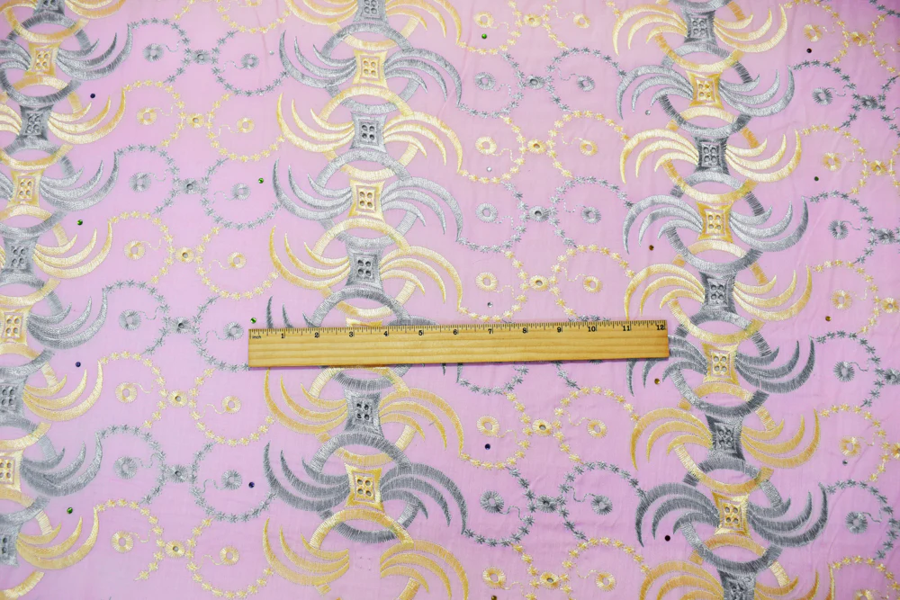 Pink-Multi Poly Embroidered Abstract Scallop Rhinestone Woven Fabric - Image 5
