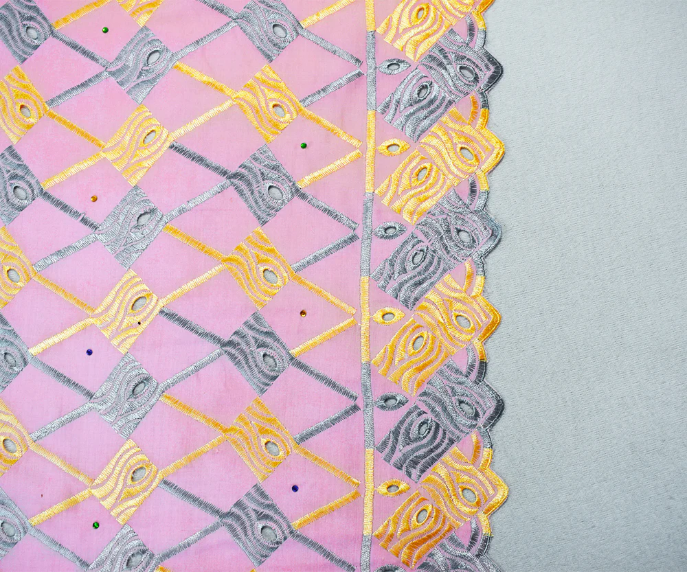 Pink-Multi Poly Embroidered Abstract Scallop Rhinestone Woven Fabric - Image 3