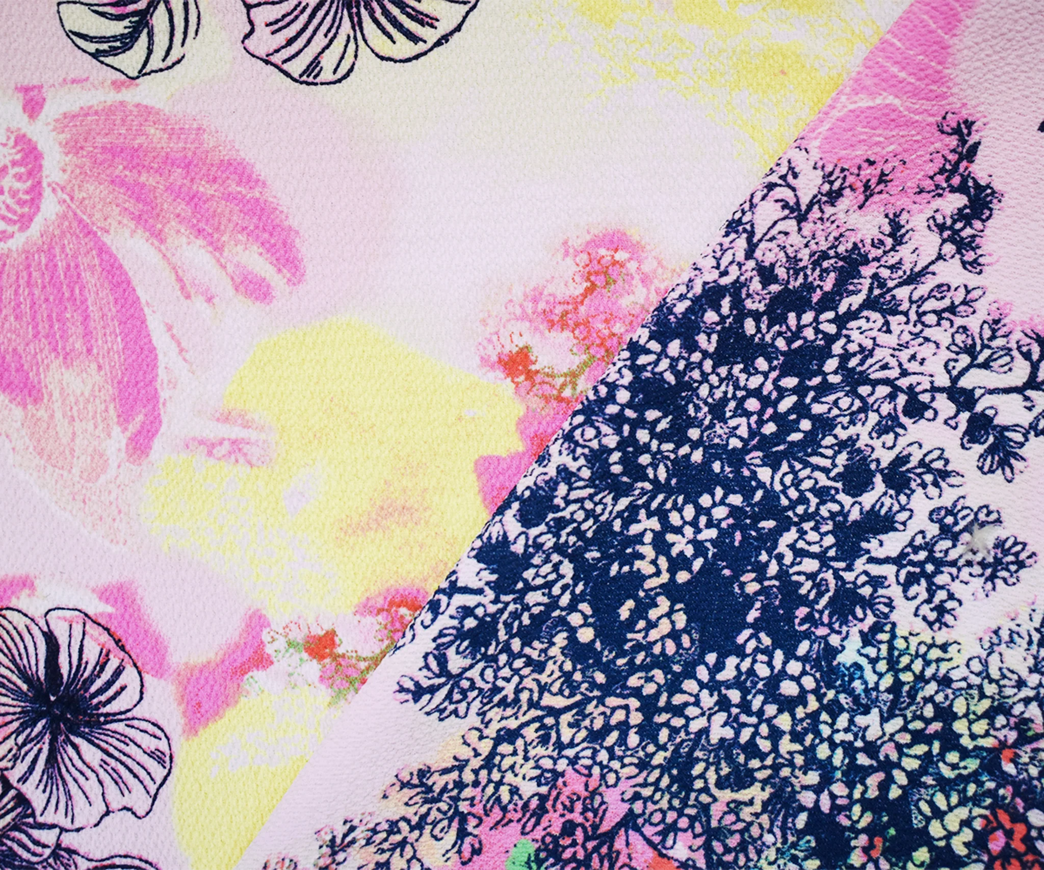 Pink-Multi Poly Stretch Spandex Floral Printed Pebble Crepe Woven Fabric