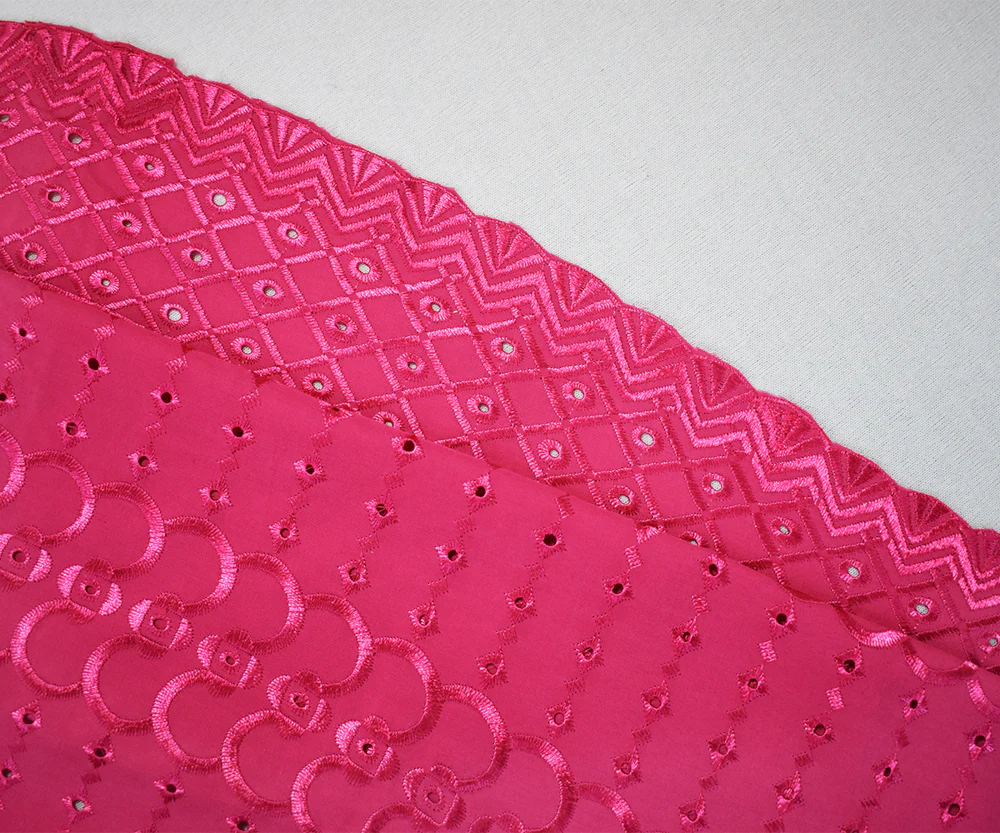 Pink Poly-Cotton Embroidered Abstract Eyelet Scallop Woven Fabric - Image 2