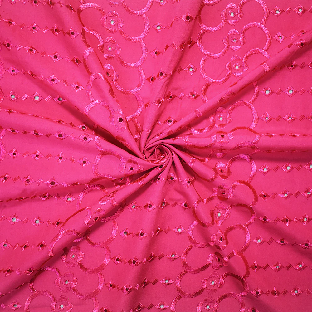 Pink Poly-Cotton Embroidered Abstract Eyelet Scallop Woven Fabric - Image 3