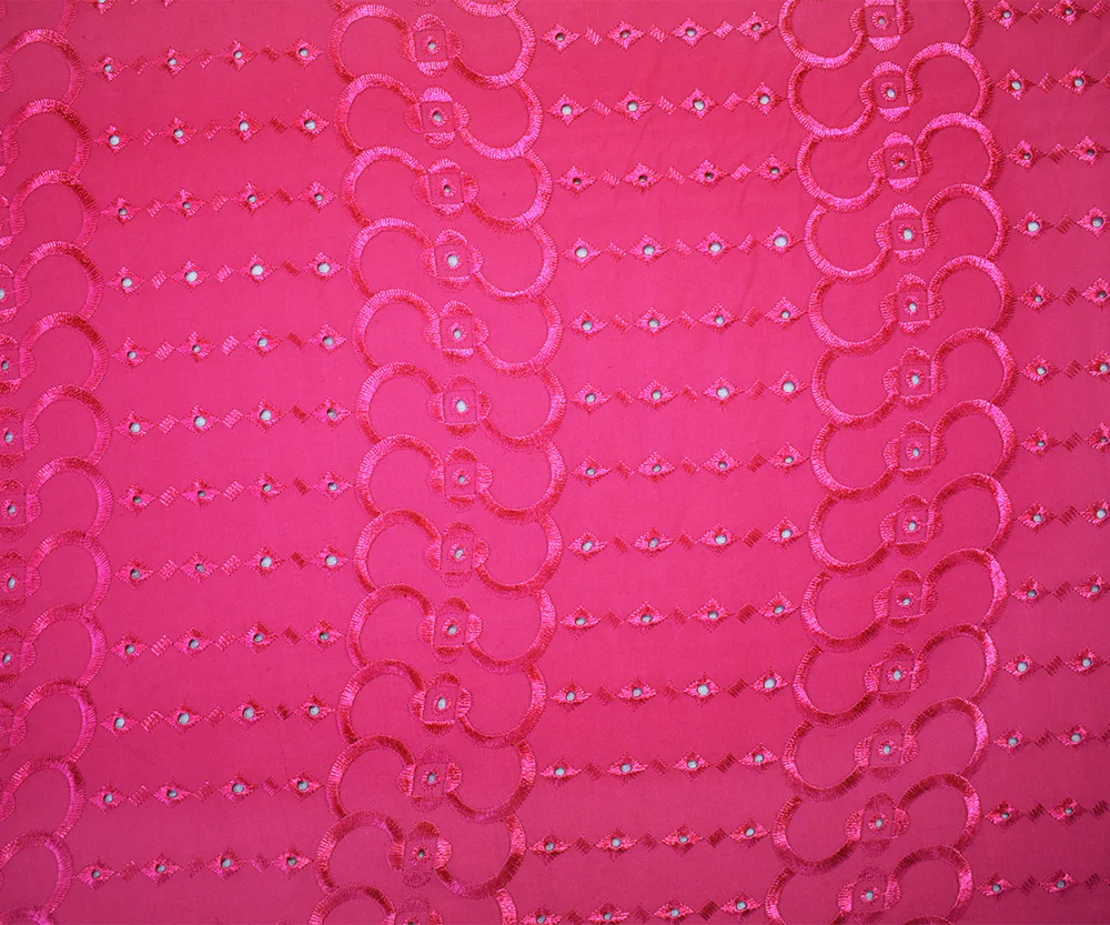 Pink Poly-Cotton Embroidered Abstract Eyelet Scallop Woven Fabric - Image 4