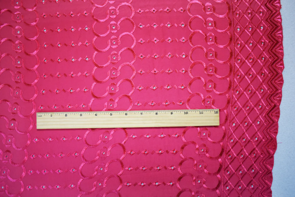 Pink Poly-Cotton Embroidered Abstract Eyelet Scallop Woven Fabric - Image 5