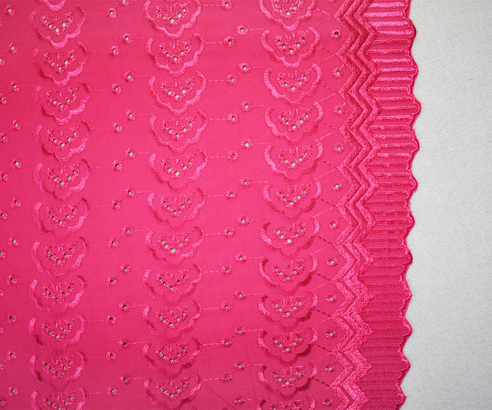 Pink Poly-Cotton Embroidered Abstract Geometric Eyelet Scallop Woven Fabric - Image 3