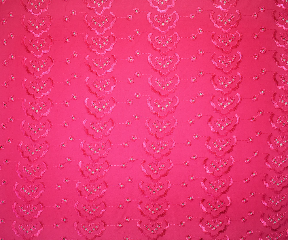 Pink Poly-Cotton Embroidered Abstract Geometric Eyelet Scallop Woven Fabric - Image 4