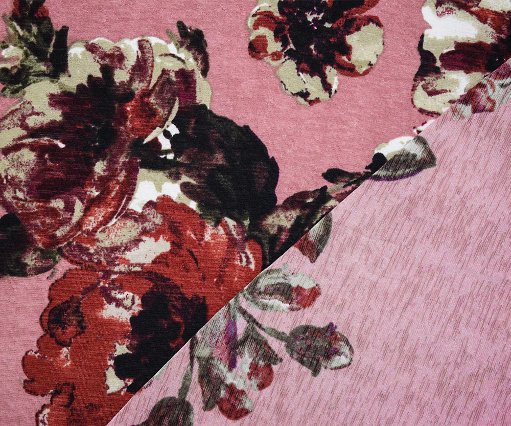 Pink-Red-Multi Poly Floral Printed Onion Skin Jersey Knit Fabric - Image 3