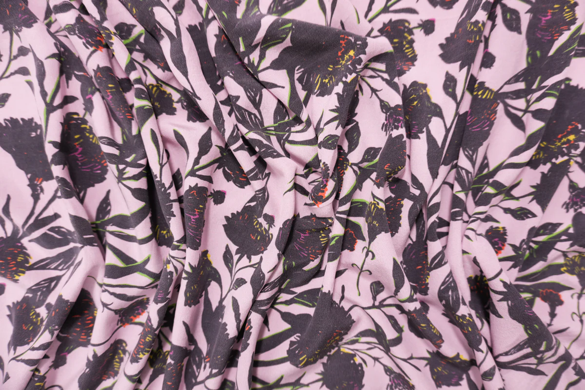 Pink Silk Floral Printed Crepe De Chine Woven Fabric - Image 3