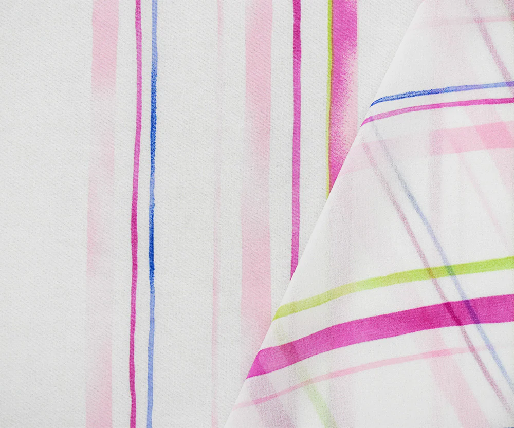 Pink-White-Multi Poly Stripe Printed Chiffon Woven Fabric - Image 3
