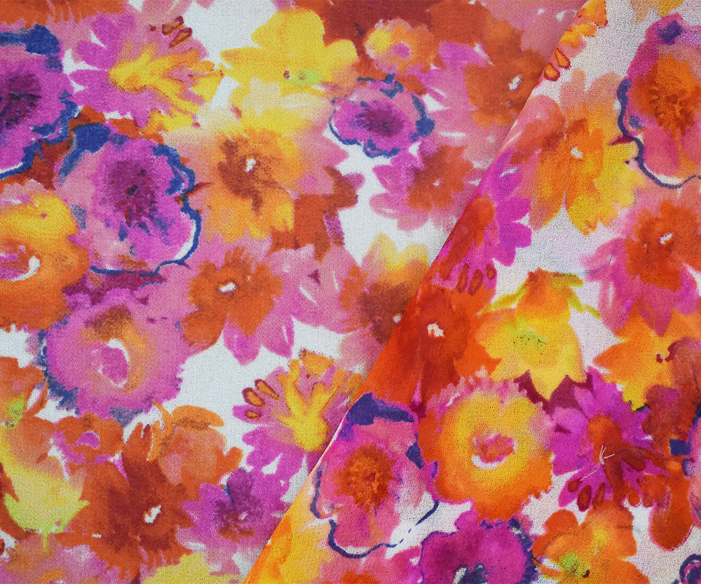 Pink-Yellow-Multi Floral Printed Poly Chiffon Woven Fabric - Image 2