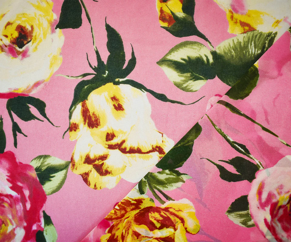 Pink-Yellow-Multi Poly Floral Printed Chiffon Woven Fabric - Image 2