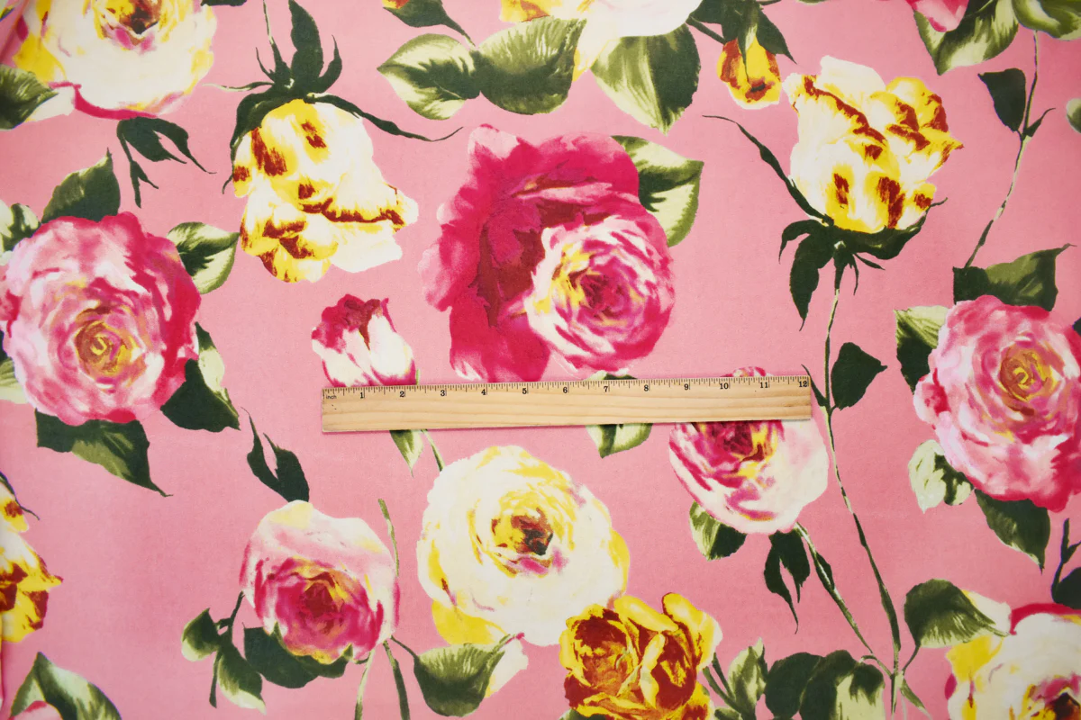 Pink-Yellow-Multi Poly Floral Printed Chiffon Woven Fabric - Image 4
