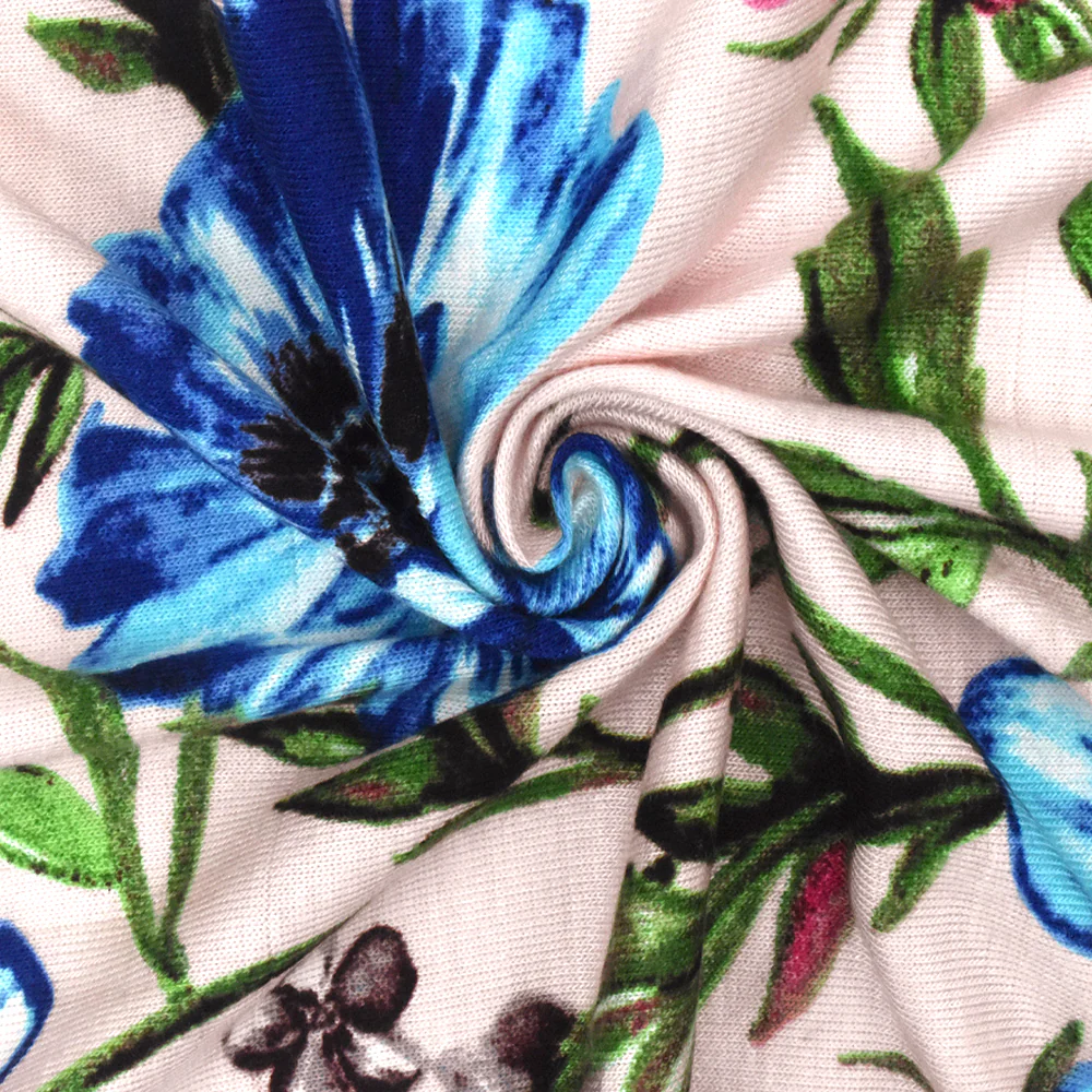 Powder Pink-Multi Floral Printed Slub Stretch Rayon Jersey Knit Fabric - Image 2