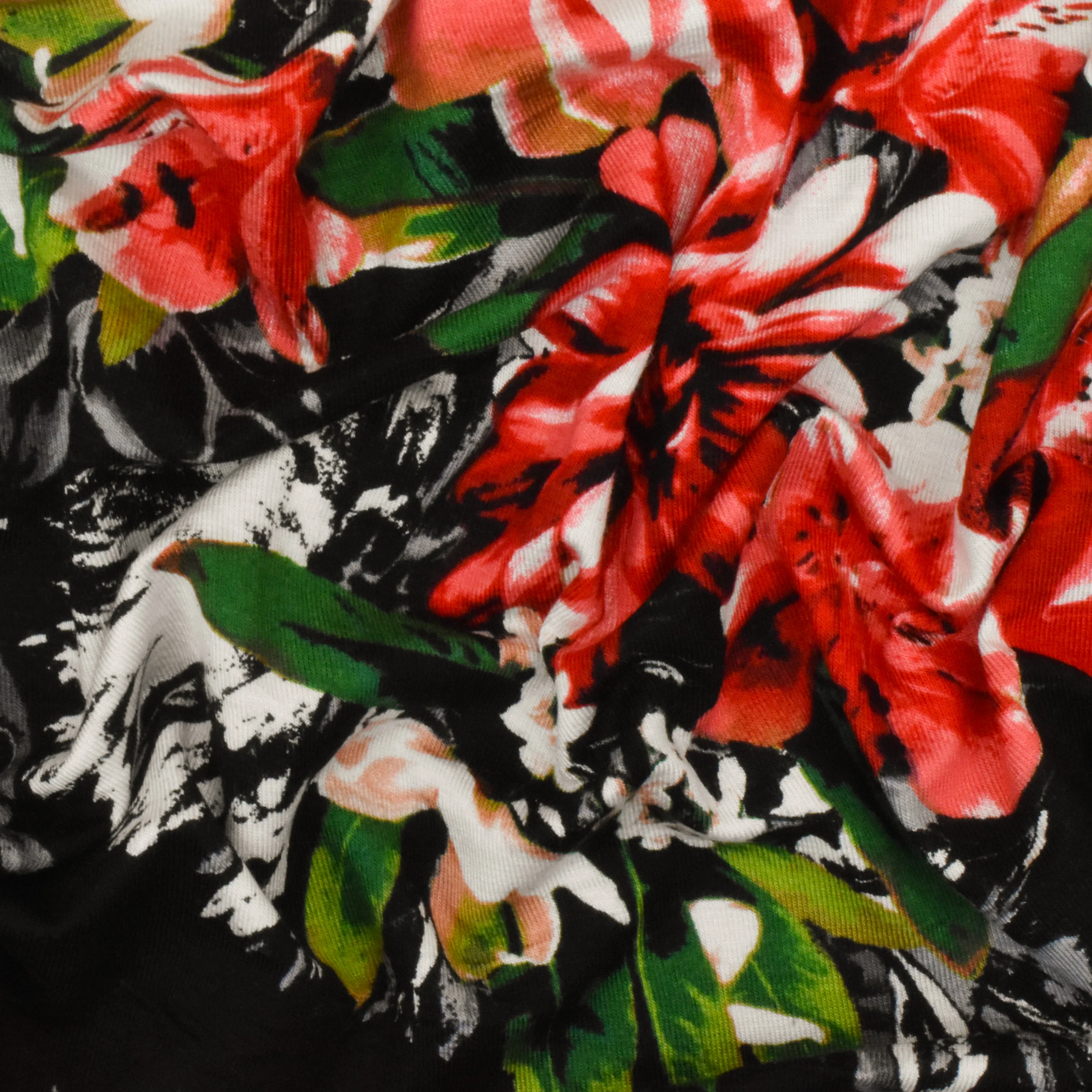 Pure Red-Black-Multi Floral Printed Stretch Rayon Jersey Knit Fabric - Image 3